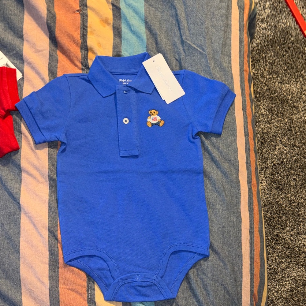 Polo by Ralph Lauren Royal Blue Baby Polo Bear Bodysuit with Embroidered Bear